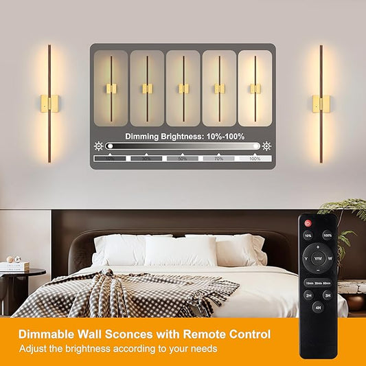 Morauroral Walnut Battery Operated Wall Sconce with Remote Control, Rechargeable Wall Sconces Set of 2, LED Wireless Wall Light, 24″ Modern Sconce Wall Decor for Background Wall, Bedroom, Living Room