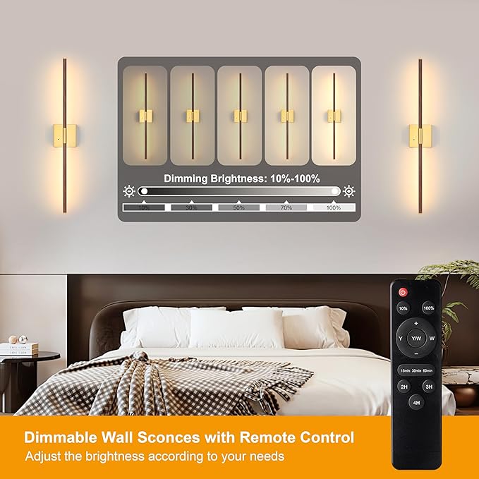 Morauroral 40″ Walnut Battery Operated Wall Sconces Set of Two, Dimmable Wall Sconce with Remote Control, Rechargeable Sconces Wall Lighting, LED Wireless Wall Lights for Bedroom, Living Room
