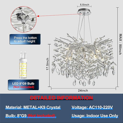 Modern Crystal Tree Branches Chandelier, 23.5in Silver 8 Lights Large Ceiling Hanging Light for Dining Room, Round Raindrop Pendant Light Fixture