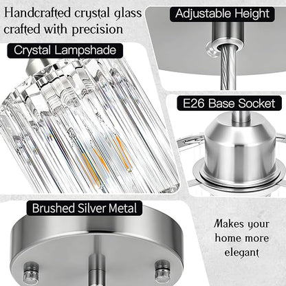 3 Pack Pendant Lights Kitchen Island, Modern Island Lights for Kitchen with Crystal Glass – Luxury Nickel Pendant Lights for Kitchen Island, Dining Table, Entryway, Restaurant