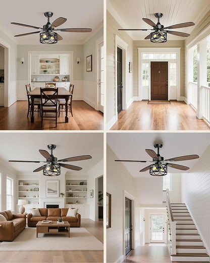 Ceiling Fans with Lights and Remote, 42'' Vintage Caged Ceiling Fan with Light, 5 Blades, 6+1 Speed, Flush Mount Ceiling Fan Whisper-quiet for Farmhouse, Living Room, Kitchen and Porch (42 Inch)