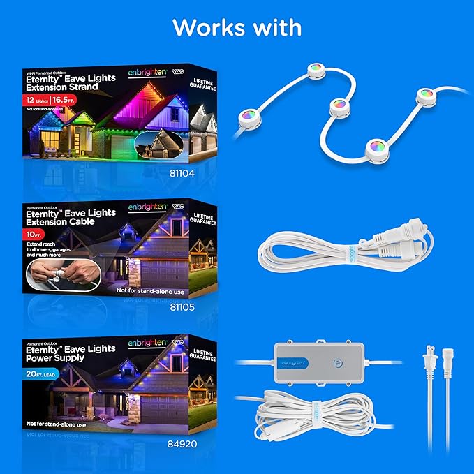Enbrighten Eternity Permanent Outdoor Lights, 100ft with 72 RGBWIC LED Lights, App‑Controlled, Cuttable, Christmas, Accent & Year‑Round Eave Lighting, Works with Alexa & Google Home, 81103