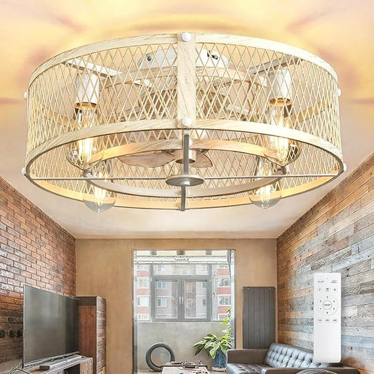 Depuley Flush Mount Ceiling Fan: 20" Caged Ceiling Fans with Lights and Remote Control for Kitchen Bedroom Farmhouse - Rustic Low Profile Ceiling Fandelier Lights Reversible 6 Speed Timer Cement