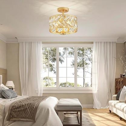 Shrine Lighting Crystal Ceiling Light, Gold Crystal Chandelier for Living Room, D12.4'' x H11.2'', E12*3 Sockets, Ctystal Lampshade & Gold Finish Frame