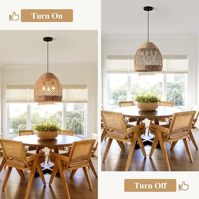 13.8" Farmhouse Woven Chandelier Rattan Wicker Lighting for Dining Room Boho Light Fixture Hanging 3-Lights Brown Pendant Light Kitchen Island for Restaurant Bedroom Breakfast Entryway Bar
