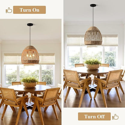 13.8" Farmhouse Woven Chandelier Rattan Wicker Lighting for Dining Room Boho Light Fixture Hanging 3-Lights Brown Pendant Light Kitchen Island for Restaurant Bedroom Breakfast Entryway Bar
