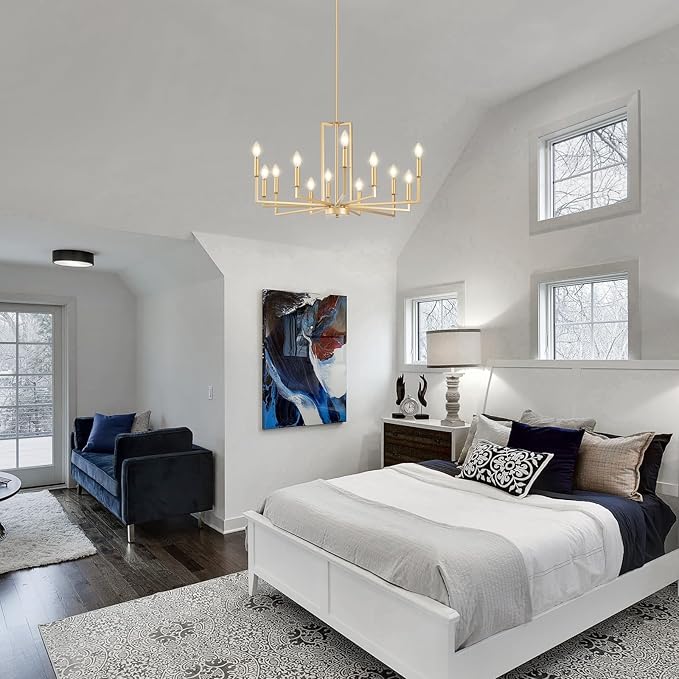 Modern Gold Chandelier, Farmhouse Candle Dining Room Chandeliers, Metal Hanging Pendant Light Fixture for Kitchen, Foyer, Bedroom, Living Room, Staircase, Entryway, 12-Light