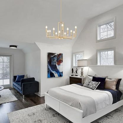 Modern Gold Chandelier, Farmhouse Candle Dining Room Chandeliers, Metal Hanging Pendant Light Fixture for Kitchen, Foyer, Bedroom, Living Room, Staircase, Entryway, 12-Light