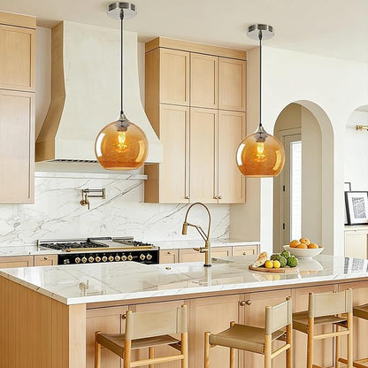 7.1in Medium Amber Glass Pendant Light for Kitchen Island, 1-Pack with Extra LED Bulbs & 4.92ft Adjustable Cord | Modern Minimalist Lighting for Dining Room, Living Room, Entryway