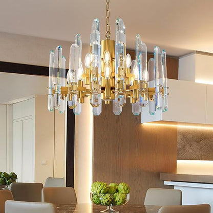 24" Modern Gold Crystal Chandelier, 12-Light Luxury Round Chandeliers for Dining Room, Living Room, Bedroom, Foyer, Entryway, Kitchen, Contemporary K9 Crystal Adjustable Chain Chandelier Light Fixture
