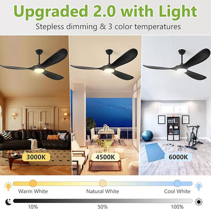 Haipeel 52 Inch Black Outdoor Ceiling Fans with Lights, Wood 3 Blades Outdoor Fan with Light and Remote Control Modern Propeller Ceiling Fans for Patios Porch Garage, ETL Listed DC Motor, Matte Black