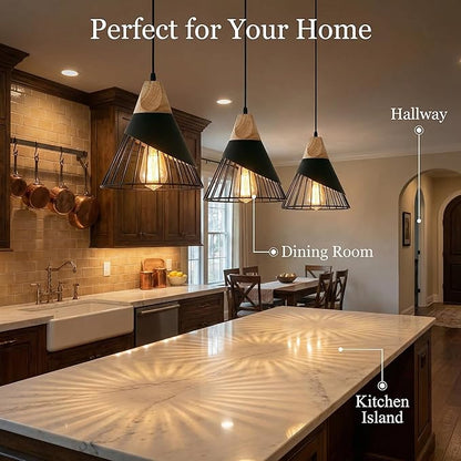 Black Farmhouse Wooden Pendant Light,Rustic Wood & Metal Pendant Lighting, Adjustable Height Hanging Ceiling Light Fixture for Kitchen Island Dining Room Bedroom Hallway