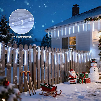 JMEXSUSS White Solar Christmas Lights, 8 Tube 144 LEDs Solar Meteor Shower Lights Outdoor, White Christmas Light for Tree Wedding Xmas Holiday Party Patio GazeboDecor