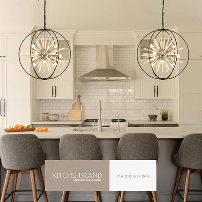 23.6" Black Chrome 9-Light Globe Sputnik Chandelier Modern Adjustable Hanging Ceiling Glass Tube Pendant Light Fixture for Entryway Foyer Staircase Dining Living Room Hallway
