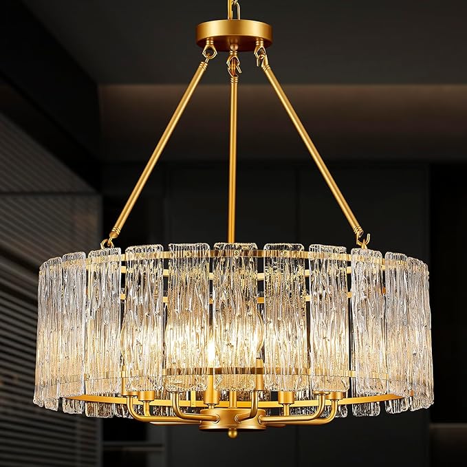 24" Modern Gold Crystal Chandelier Luxury 8-Light Round Drum Glass Chandelier Elegant Large Ceiling Light Fixture for Living Room, Dining Room, Bedroom, Foyer