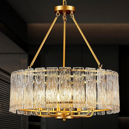 24" Modern Gold Crystal Chandelier Luxury 8-Light Round Drum Glass Chandelier Elegant Large Ceiling Light Fixture for Living Room, Dining Room, Bedroom, Foyer
