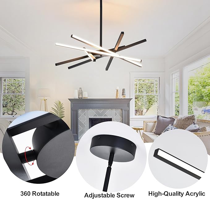 Modern Black Chandeliers Ceiling 36W LED Pendant Light Embedded Mount Chandeliers，LED 6-Lights Linear Pendant Light for Kitchen Island Dining Room Bedroom Living Room Entryway，L23.62"*0.59"/6