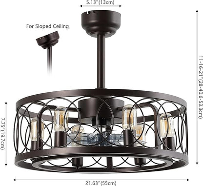 JONATHAN Y 21.6" Oil Rubbed Bronze 6-Light Caged Ceiling Fan with Lights, 6-Speed Industrial Farmhouse Flush Mount Fan with Remote and App Control, Metal Cage Shade, 6 LED Bulbs JYL9732A