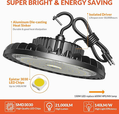LED High Bay Light 150W 21000LM 5000K, LED Shop Lights for Garage Super Bright with 110-277V US Plug 5’ Cable Waterproof UFO Commercial Warehouse Workshop Factory Area Lighting Fixture, 2 Pack