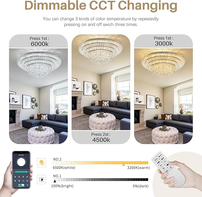 COCOSTAR 30 inch Flush Mount Crystal Chandeliers with Remote and APP, Modern Elegant LED Crystal Raindrop Ceiling Light Fixture, 3CCT Dimmable, for Living Room Kitchen Island Bedroom Entryway Foyer