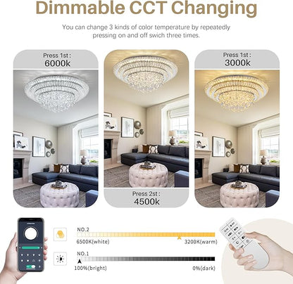 COCOSTAR 30 inch Flush Mount Crystal Chandeliers with Remote and APP, Modern Elegant LED Crystal Raindrop Ceiling Light Fixture, 3CCT Dimmable, for Living Room Kitchen Island Bedroom Entryway Foyer