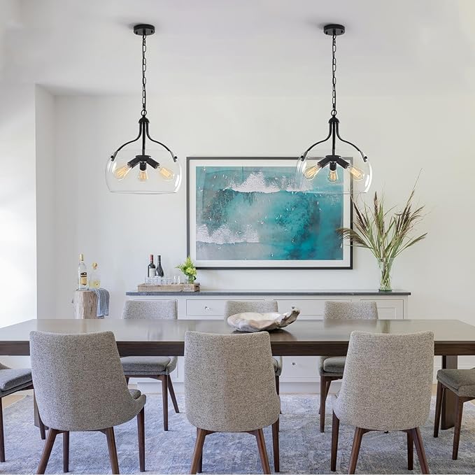 3-Lights Modern Pendant Lights Kitchen Island, Matte Black Hanging Light Fixtures with 15.8" Clear Glass Shade, Industrial Hanging Chandelier for Kitchen Entryway Bedroom Foyer