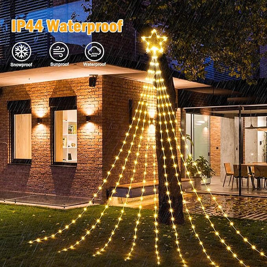 Christmas Decorations Star String Lights - 344 LED 11.8ft 9 Strands Waterfall Tree Lights with Topper Star, 8 Lighting Modes Christmas Lights Indoor Outdoor Decorative for Wedding Yard Party Home