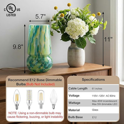 9.8 Inch Mushroom Table Lamp, UL Listed Dimmable Small Desk Bedside Lamp with Woven Beige Cord, Handcrafted Pattern, Murano Home Decor for Bedroom, Living Room, Emerald Teal, No Bulb Included