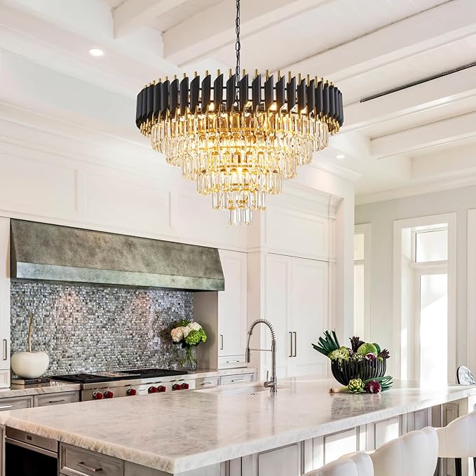 Modern Crystal Chandeliers 6 Tiers 30" Round Extra Large for Dining Room 16-Light Black and Gold Chandelier Living Room Round Contemporary Ceiling Hanging Light