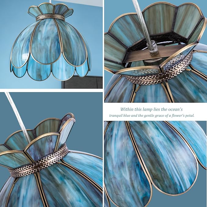 Brass Glass Ceiling Pendant Light, Hanging Chain lamp, with Vintage Lotus Flower Glass Shade for Kitchen Island Dining Room Bedroom Living Room-12 Stained Glass Shade