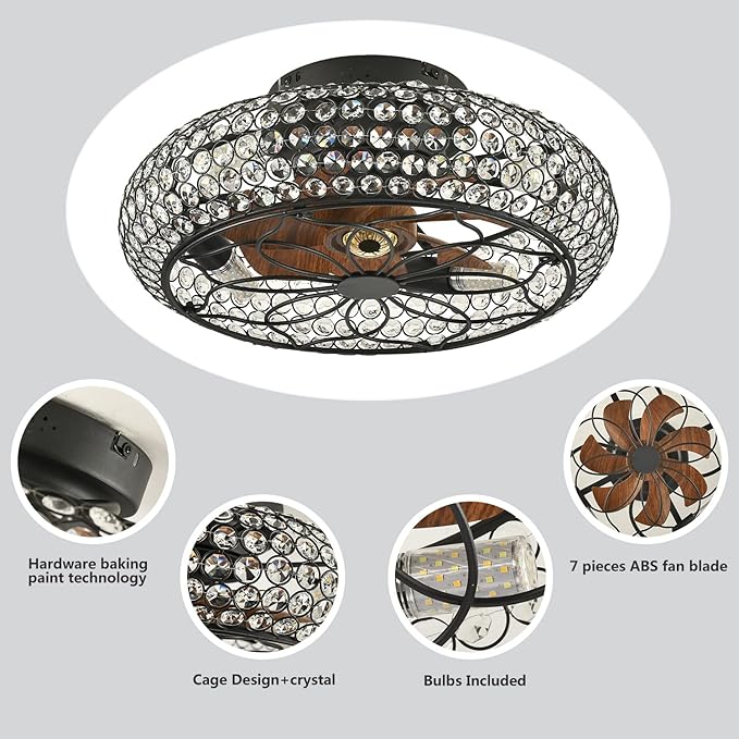 Caged Crystal Ceiling Fans with Lights and Remote,18.8" Flush Mount Low Profile Ceiling Fan with Light,6 Speed Enclosed Ceiling Fan with Reversible Motor for Bedroom Kitchen Living Room
