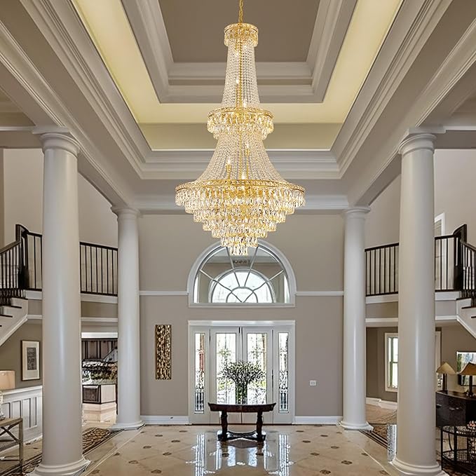 26 Lights Gold Luxury Crystal Chandeliers Large Modern Chandelier for High Ceilings Crystal Pendant Light Fixture Foyer Staircase Hallway Entryway Banquet Hall Lobby 63" H x 30.7" D
