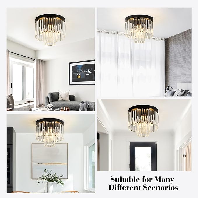 12.6" Black Crystal Ceiling Light 4-Light Modern Fixture 2-Tier Luxury K9 Crystal, for Dining Room Kitchen Island Living Room Bedroom