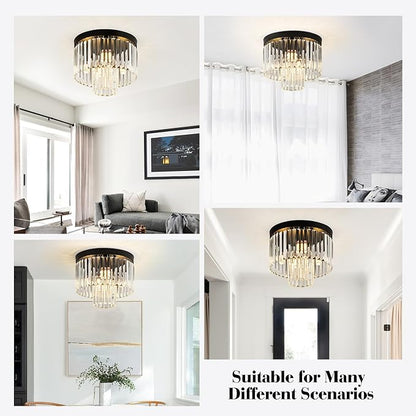 12.6" Black Crystal Ceiling Light 4-Light Modern Fixture 2-Tier Luxury K9 Crystal, for Dining Room Kitchen Island Living Room Bedroom