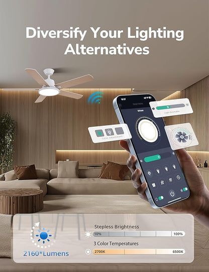 Orison Ceiling Fans with Lights, 52 inch Low Profile Ceiling Fan with RGB Backlight, Flush Mount Ceiling Fan with Remote and App Control,White Bedroom Fan, 6 Speeds, 5 Reversible Blades (White)