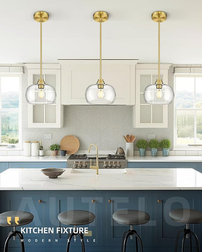 AUTELO Gold Pendant Lights, 1-Light Pendant Lights Kitchen Island in Brushed Gold Finish with Clear Glass, Vintage Pendant Light Fixtures, Gold Hanging Lights for Kitchen Island H9385 BG-R