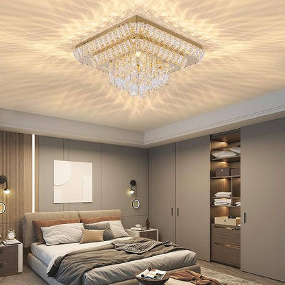 COCOSTAR Crystal Chandeliers, Modern Led Luxury Chandelier, 25" Suqare Flush Mount Chandelier Ceiling Light, Chandeliers for Dining Room, Living Room, Bedroom, Gold