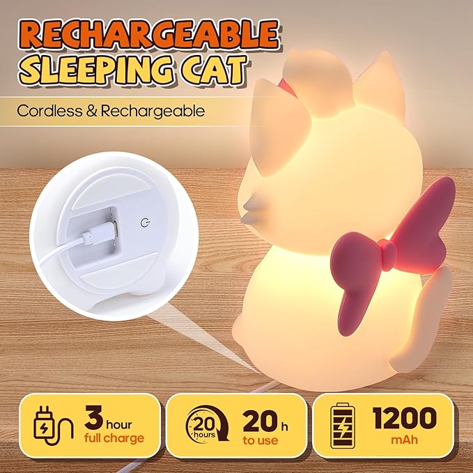 Cute Cat Night Light for Kids, 7 Color Changing & Dimmable, Super Squishy Silicone USB Rechargeable Lamp, Portable Nursery Light & Kawaii Gift for Baby, Boys, Girls & Adults, for Bedroom Decor