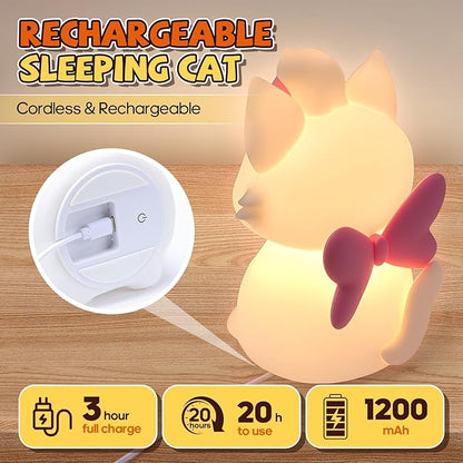 Cute Cat Night Light for Kids, 7 Color Changing & Dimmable, Super Squishy Silicone USB Rechargeable Lamp, Portable Nursery Light & Kawaii Gift for Baby, Boys, Girls & Adults, for Bedroom Decor