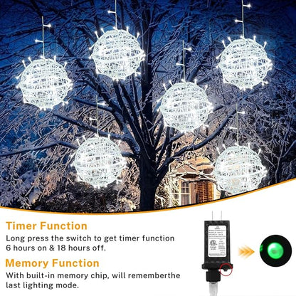 Outdoor Christmas Ball Lights 4 Pack Hanging 15.7" LED Garden Sphere Tree Lights 8 Modes Waterproof Glow Globe Light with Memory Timer Plug for Yard Porch Eave Patio Home Bedroom Decoration-Cool White