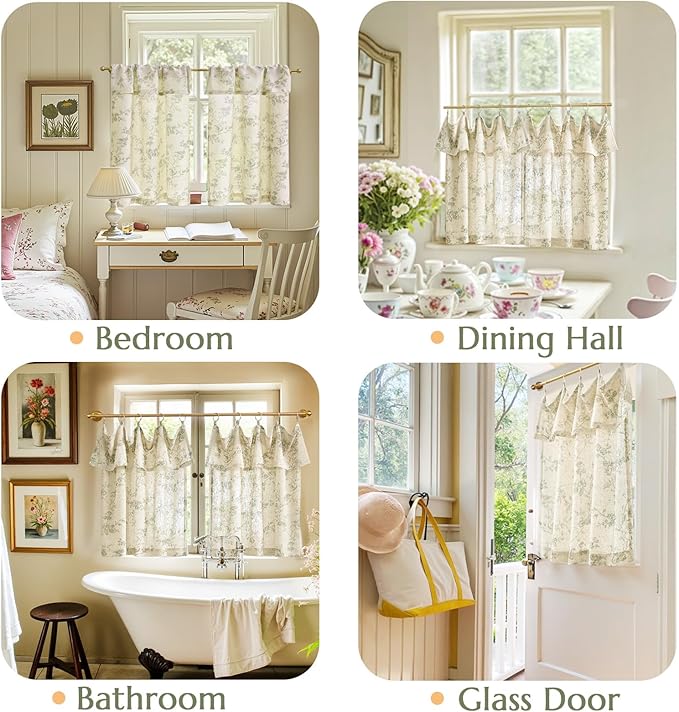 jinchan Floral Linen Kitchen Curtains with Attached Valance 24 Inch Length Farmhouse Cafe Tier Curtains for Living Room Bathroom Rustic Half Window Light Filtering Small Drapes 2 Panels Green