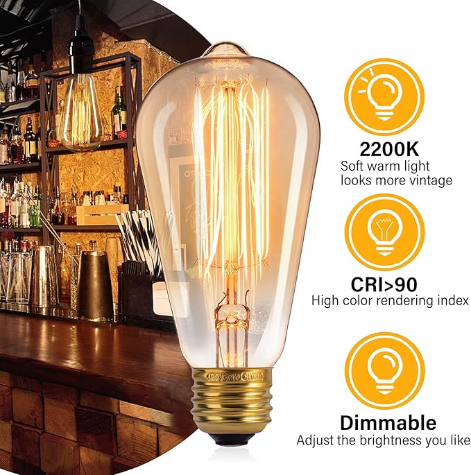 Minetom LED Edison Light Bulbs，Equivalent 60W Incandescent Light Bulbs，E26 Base，Warm White，6Pcs