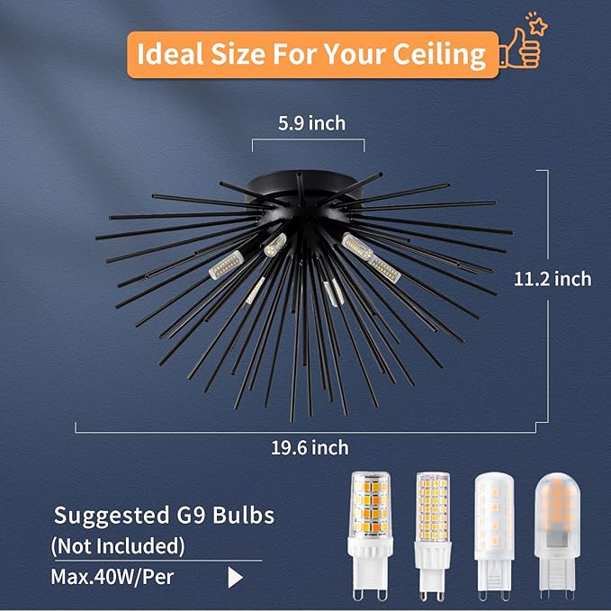 CM MZY Black Flush Mount Ceiling Lights, Mid Century Starburst Sputnik Chandeliers, 6-Light Close to Ceiling Lighting Fixtures for Bedroom Kitchen Hallway Entryway Closet, G9 Socket