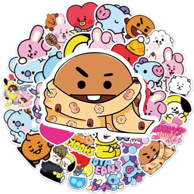 55pcs Cartoon BT21 Stickers for Water Bottle,Vinyl Waterproof BT21 Stickers for Laptop,Bumper,Skateboard,Water Bottles,Computer,Phone,Sticker for Kids Teens Adult
