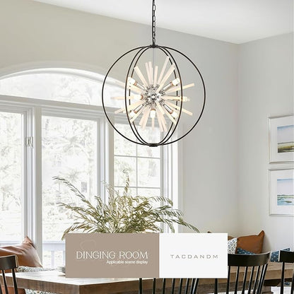 23.6" Black Chrome 9-Light Globe Sputnik Chandelier Modern Adjustable Hanging Ceiling Glass Tube Pendant Light Fixture for Entryway Foyer Staircase Dining Living Room Hallway