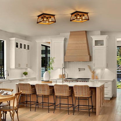 Farmhouse Light Fixture, 4-Light Rustic Ceiling Light, Trapeziform Wood Flush Mount Ceiling Light for Kitchen, Hallway, Entryway, Bedroom