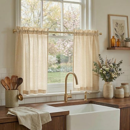 NICETOWN Linen Kitchen Short Curtains 36 Inch Length 2 Panels, Butter Yellow Plaid Rustic Farmhouse Decor Drapes, Light Filtering Tier Curtains with Rod Pocket for Bedroom Bathroom, 30×36