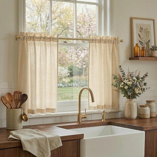 NICETOWN Linen Kitchen Short Curtains 36 Inch Length 2 Panels, Butter Yellow Plaid Rustic Farmhouse Decor Drapes, Light Filtering Tier Curtains with Rod Pocket for Bedroom Bathroom, 30×36