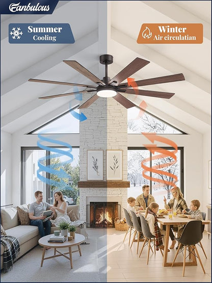 Fanbulous 65 Inch Ceiling Fan with Light and Remote, 6 Speeds Reversible DC Motor Ceiling Fans for Living Room Patio Garage, 3CCT Dimmable LED, 8 Wood Blades, Downrod Mount, Sloped Ceiling Compatible