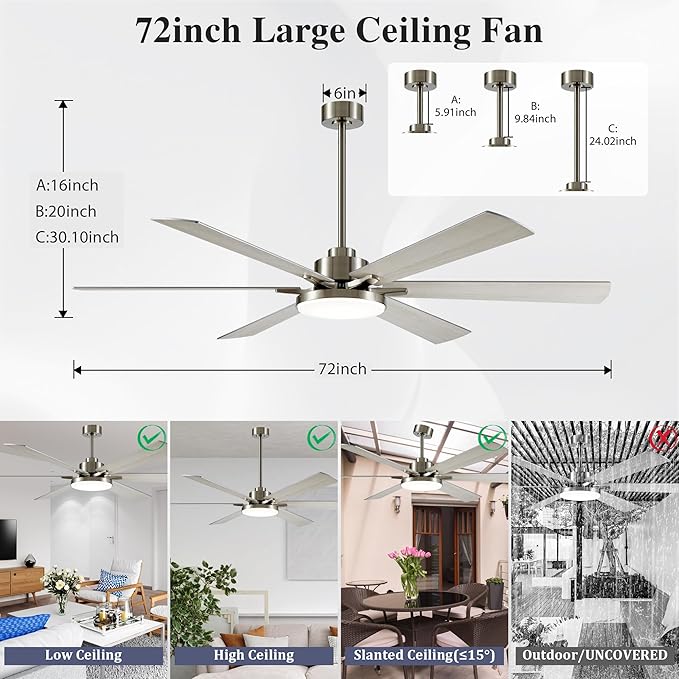 DIAMONDFORGE 72 Inch Ceiling Fans with Lights and Remote Control,Indoor/Outdoor Flush Mount Low Profile Commercial Reversible Dimmable Ceiling Fans for Living Room Patio Industrial Shop,White Silver